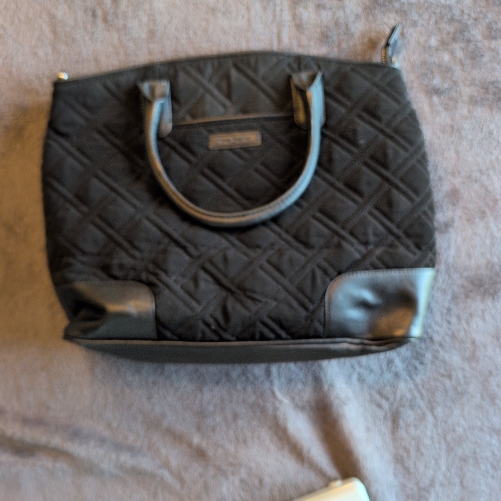 Vera Bradley Black Quilted Microfiber Satchel Handbag with Faux Leather Trim